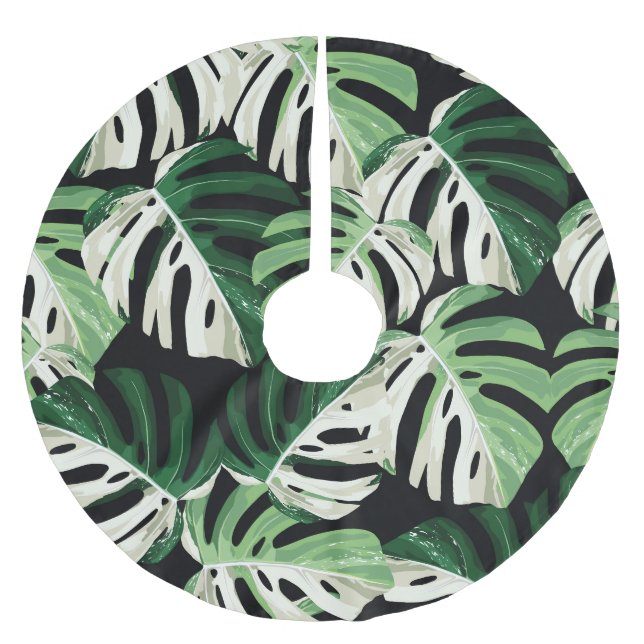 Monstera Leaf Exotic Black Pattern Polyester Weihnachtsbaumdecke (Vorderseite)