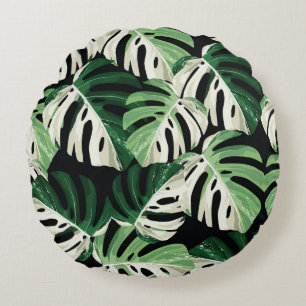 Monstera Leaf Exotic Black Pattern Rundes Kissen