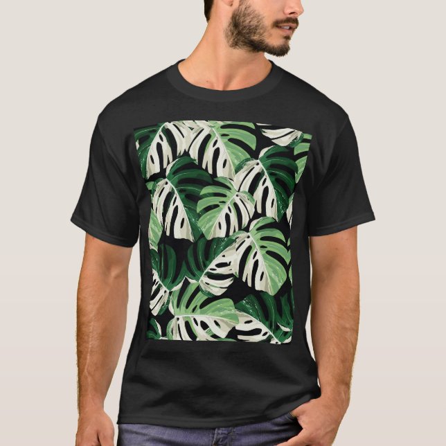 Monstera Leaf Exotic Black Pattern T-Shirt (Vorderseite)