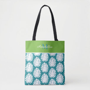 Monstera Leaf Green Aqua White Monogram Beach Pool