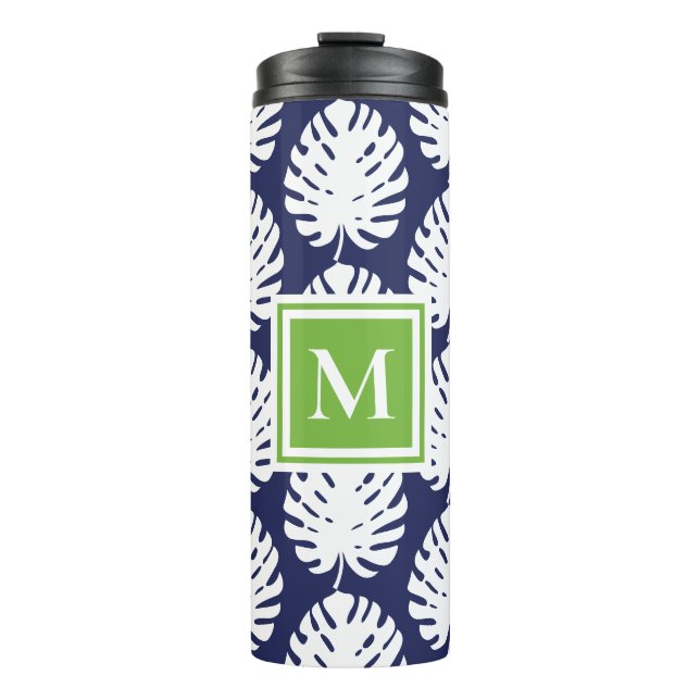 Monstera Leaf Green Navy White Monogram Coastal Thermosbecher (Vorderseite)