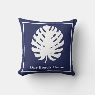 Monstera Leaf Navy Blue White Coastalize Kissen