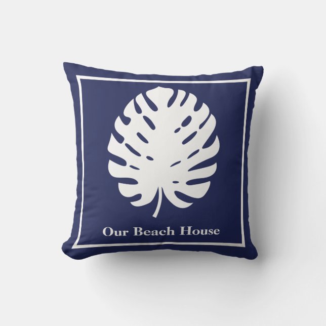 Monstera Leaf Navy Blue White Coastalize Kissen (Vorderseite)