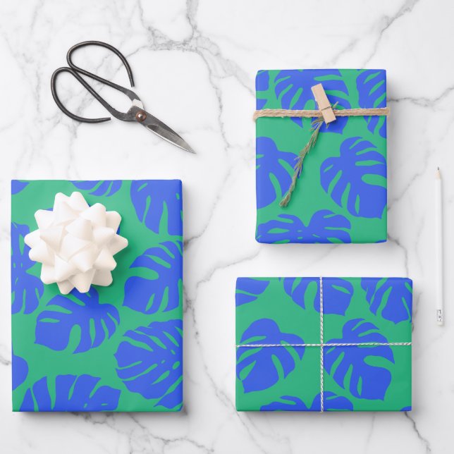 Monstera Leaf Pflanze Botanisch in Blau und Grün Geschenkpapier Set (Vorderseite)