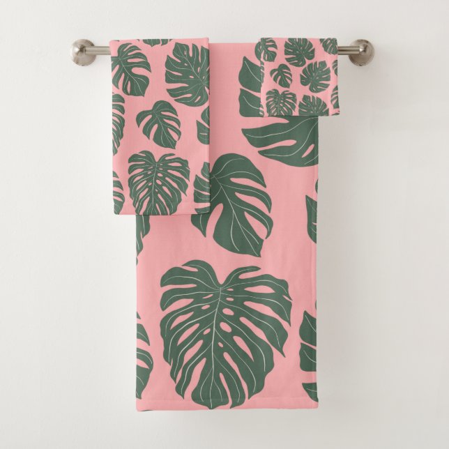 Monstera Leaf Pflanze Botanisch in Rosa und Grün  Badhandtuch Set (Insitu)