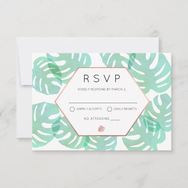 Monstera Leaf & Rose Gold RSVP Karte (Vorderseite)