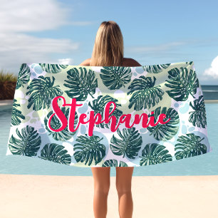 Monstera Leaf Tropical Palm Hot Pink Script Name Strandtuch
