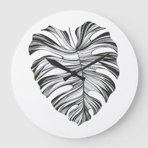 Monstera Leaf: Tropisches natürliches Element. Große Wanduhr