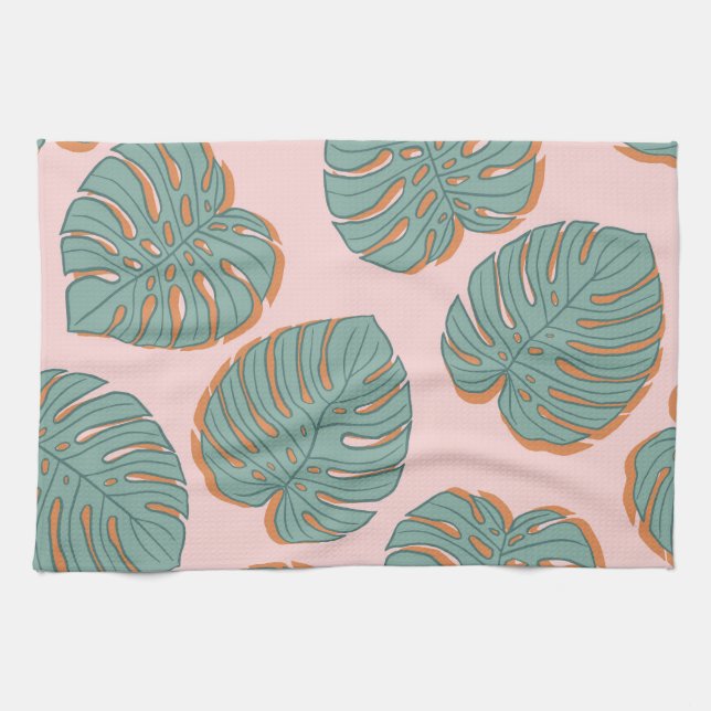 Monstera Leaf: Tropisches Vintages Muster Geschirrtuch (Horizontal)