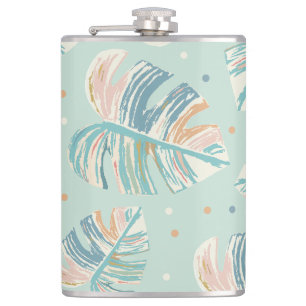 Monstera Leaf - Türkis, Grün, Korallen, Senf Flachmann