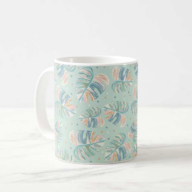 Monstera Leaf - Türkis, Grün, Korallen, Senf Kaffeetasse (Vorderseite Links)