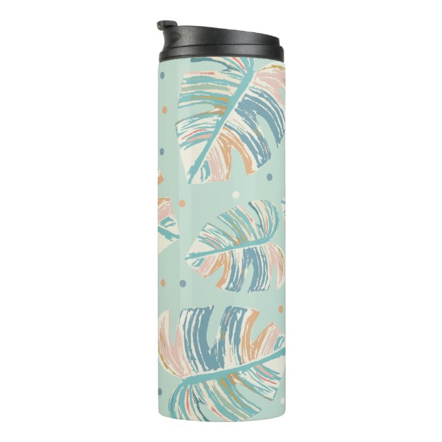 Monstera Leaf - Türkis, Grün, Korallen, Senf Thermosbecher (Nach rechts gedreht)