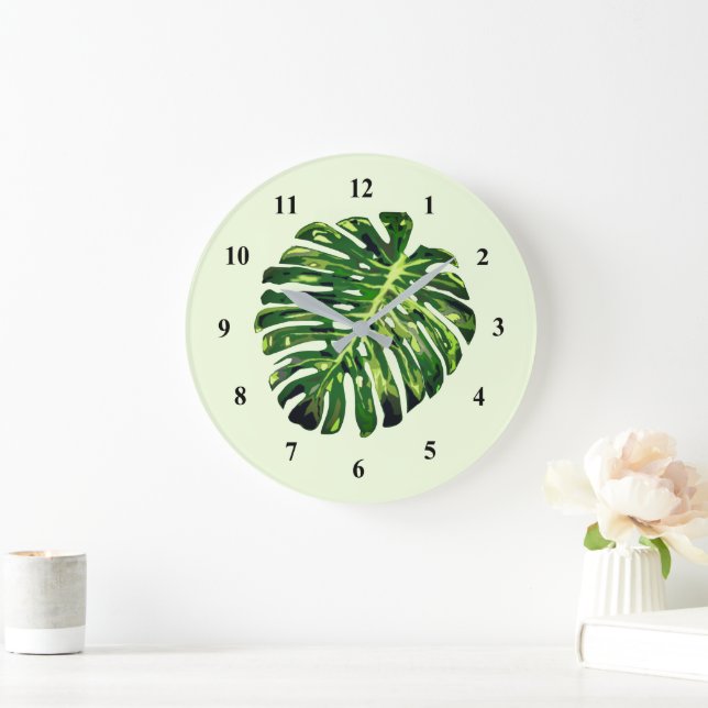 Monstera Leaf Wall Clock Green - Ihre Farbe Große Wanduhr (Zuhause)