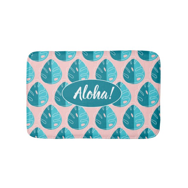 Monstera Leaves - Blue and Pink Badematte (Vorderseite)
