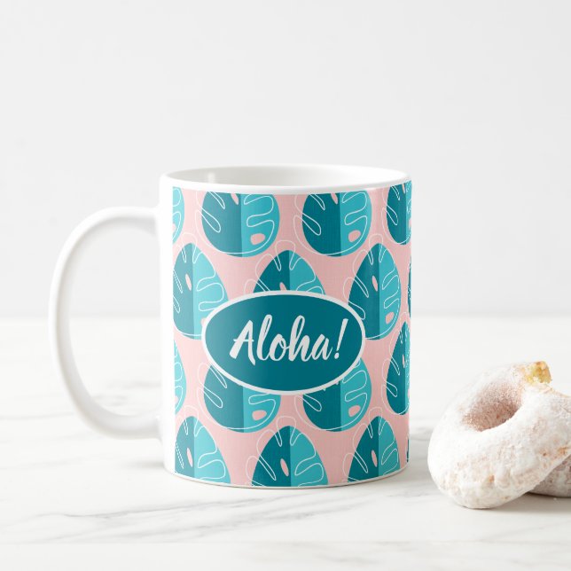 Monstera Leaves - Blue and Pink Kaffeetasse (Mit Donut)