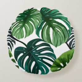 Monstera Leaves Modern Watercolor Botanical Rundes Kissen