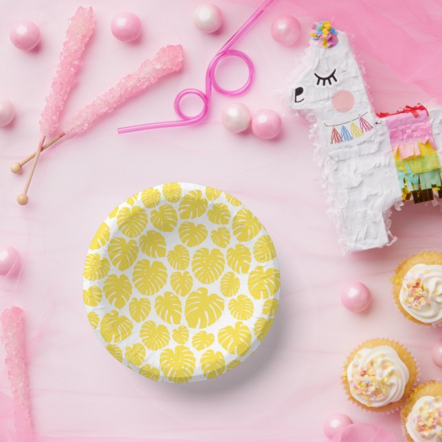 Monstera - Lemon Gelb und Weiß Pappteller (Party)