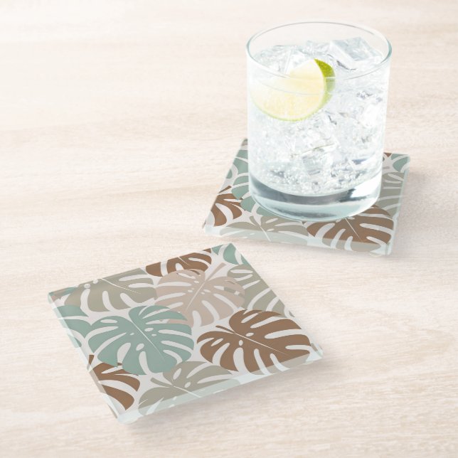 Monstera modern hawaii Boho Glasuntersetzer (Schrägansicht)