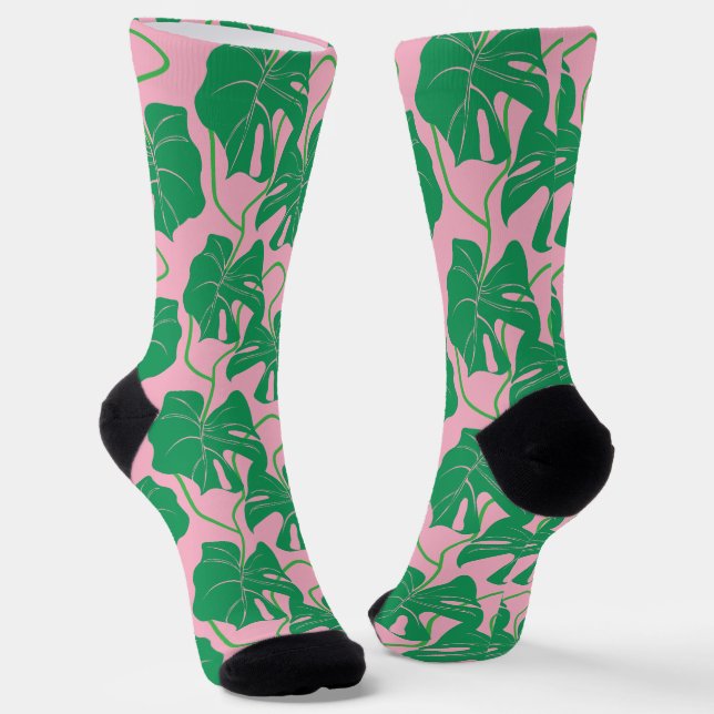 Monstera-Muster in Rosa und Grün Socken (Gewinkelt)