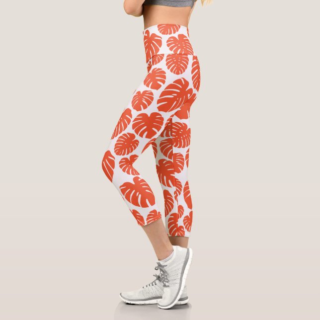 Monstera - Orange und Weiß Capri Leggings (Links)