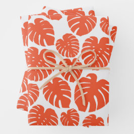 Monstera - Orange und Weiß Geschenkpapier Set