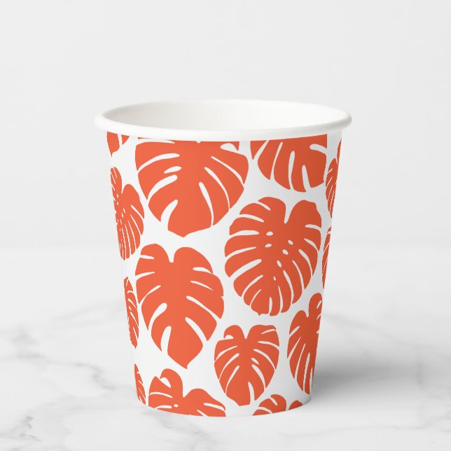 Monstera - Orange und Weiß Pappbecher (Vorderseite)