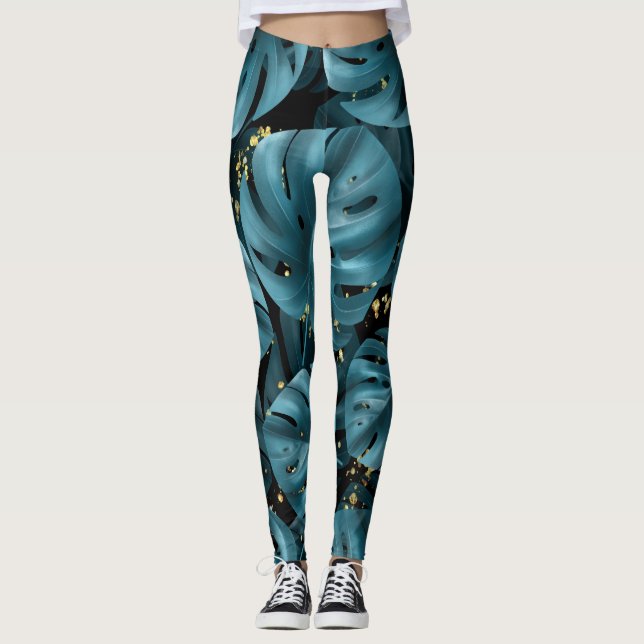 Monstera Palm, Golden Splash Nahtlos. Leggings (Vorderseite)