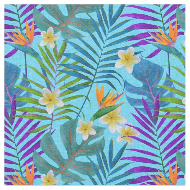 Monstera Palm Trees Plumeria Strelitzia Stoff (Nahaufnahme)
