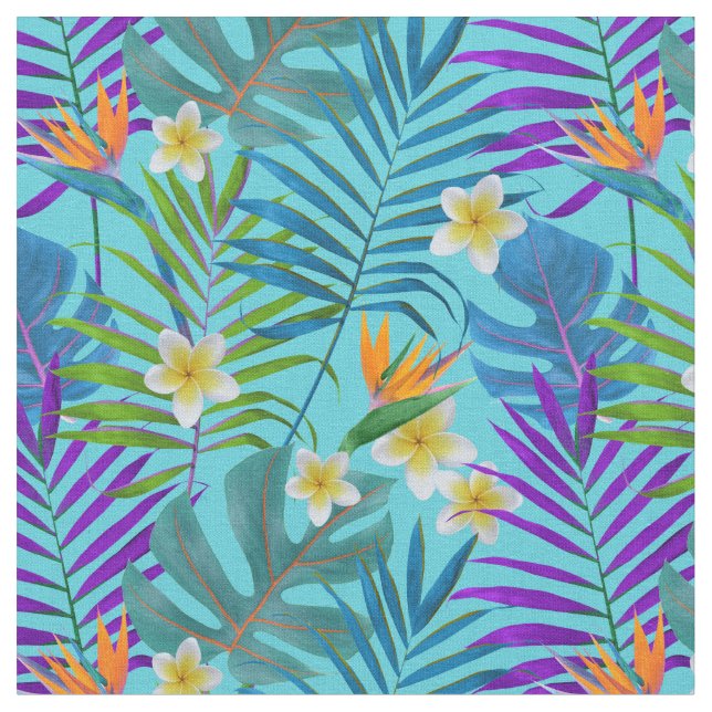 Monstera Palme Trees Plumeria Birds of Paradise Stoff (Nahaufnahme)