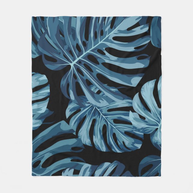 Monstera Pflanze: blaues Blätter Muster. Fleecedecke (Vorderseite)