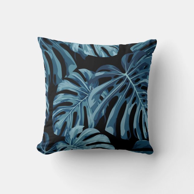 Monstera Pflanze: blaues Blätter Muster. Kissen (Vorderseite)