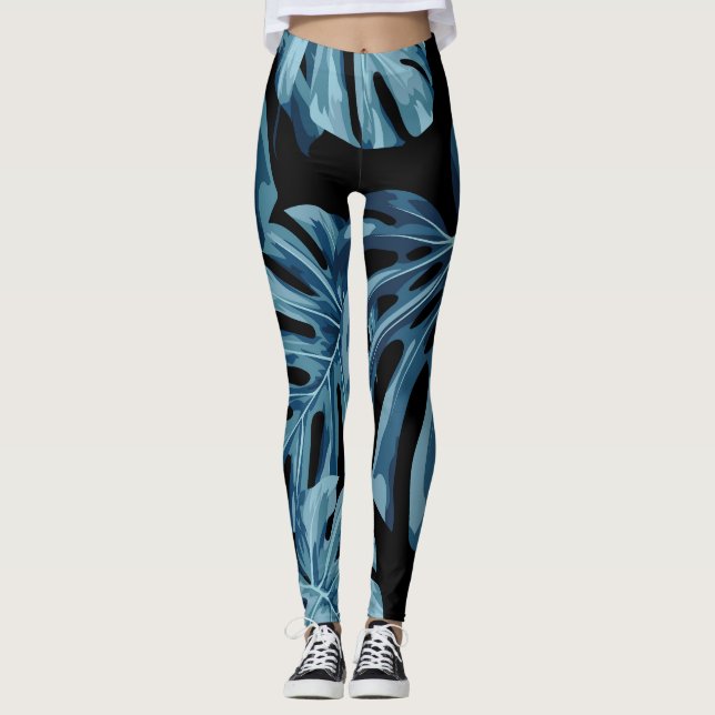 Monstera Pflanze: blaues Blätter Muster. Leggings (Vorderseite)