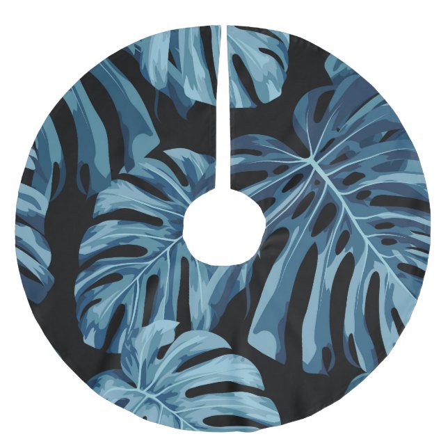 Monstera Pflanze: blaues Blätter Muster. Polyester Weihnachtsbaumdecke (Vorderseite)