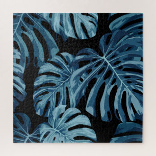 Monstera Pflanze: blaues Blätter Muster. Puzzle