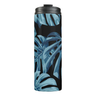 Monstera-Pflanze: blaues Blätter-Muster. Thermosbecher
