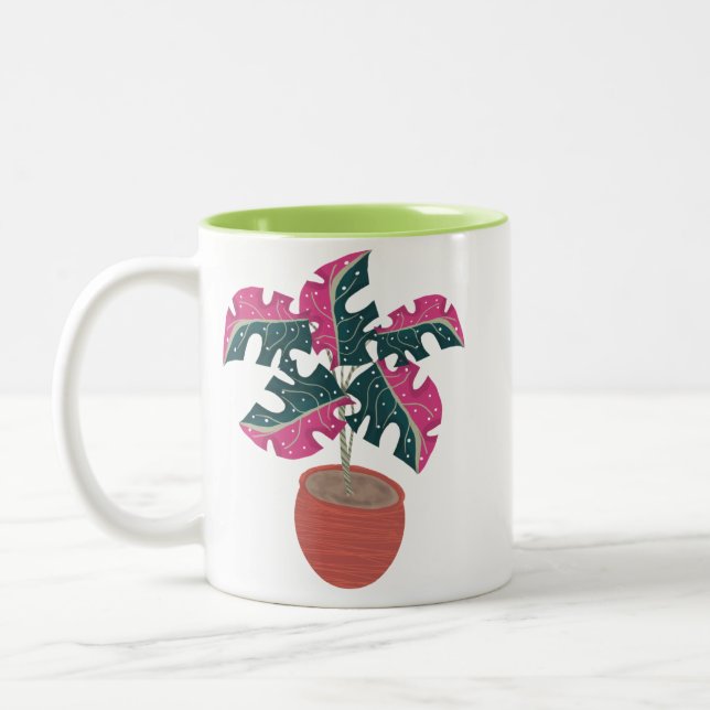 Monstera Pflanze Pink Green Zweifarbige Tasse (Links)