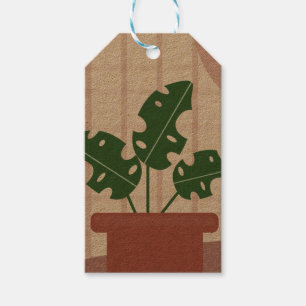 Monstera Pflanze Terracotta Karierter Hintergrund  Geschenkanhänger