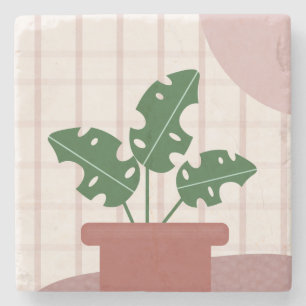 Monstera-Pflanzen Terrakotta-Karo-Hintergrund Rosa Steinuntersetzer