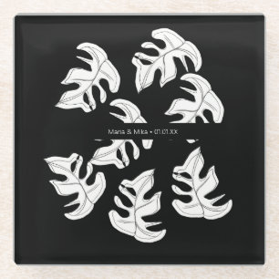 Monstera Schwarz-weiße botanische Hochzeit Glasuntersetzer