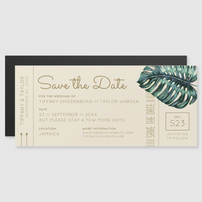Monstera Tan Boarding Pass Magnet Save the Date (Vorne/Hinten)