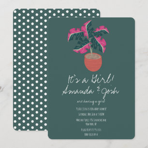 Monstera Tropical Green Dots Mädchen Baby Shower Einladung