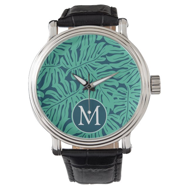 Monstera Tropical Leaf Pattern | Monogramm Armbanduhr (Vorderseite)