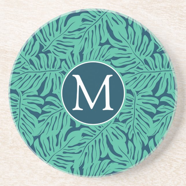 Monstera Tropical Leaf Pattern | Monogramm Getränkeuntersetzer (Vorne)