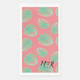 Monstera Tropical Leaf Pink Green Wedding Logo Serviette