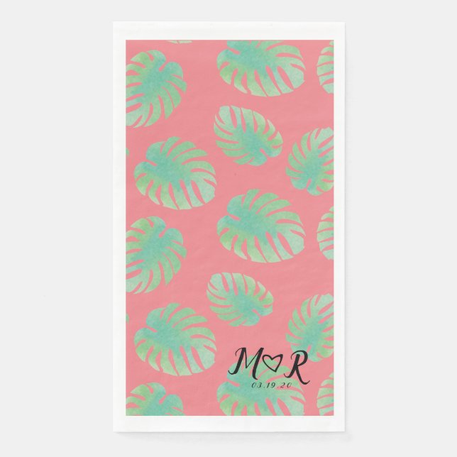 Monstera Tropical Leaf Pink Green Wedding Logo Serviette (Vorderseite)