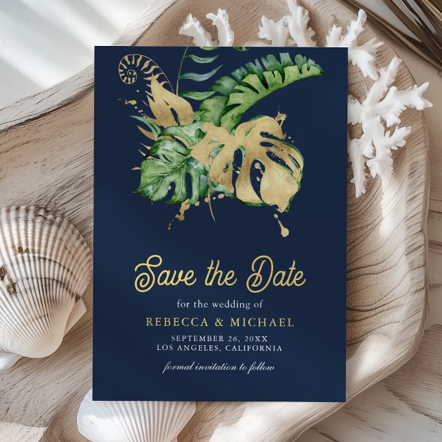 Monstera Tropical Palm Foto Navy Blue Wedding Save The Date (Von Creator hochgeladen)