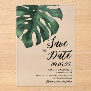 Monstera Tropical Palm Leaf Save the Date Mattiert Acryleinladungen