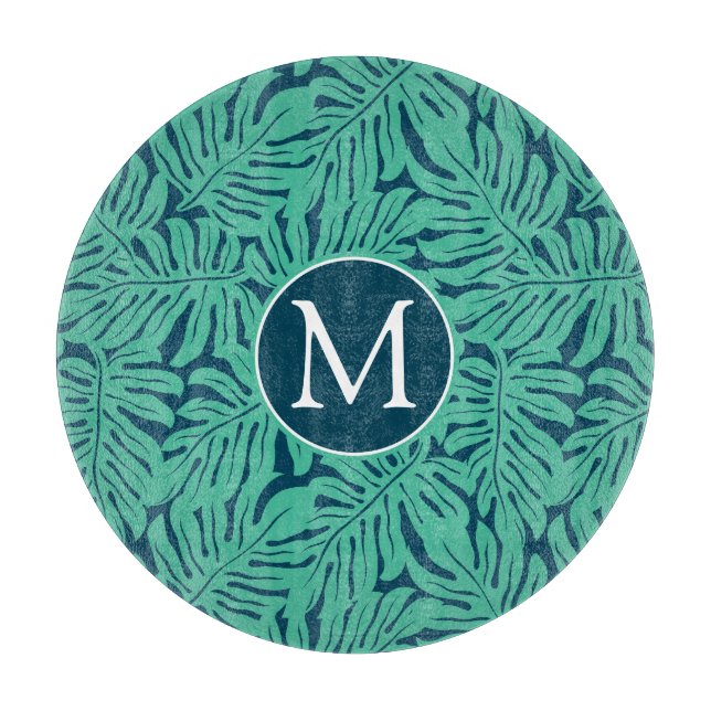 Monstera tropisches Monogramm des Blatt-Muster-| Schneidebrett (Vorderseite)