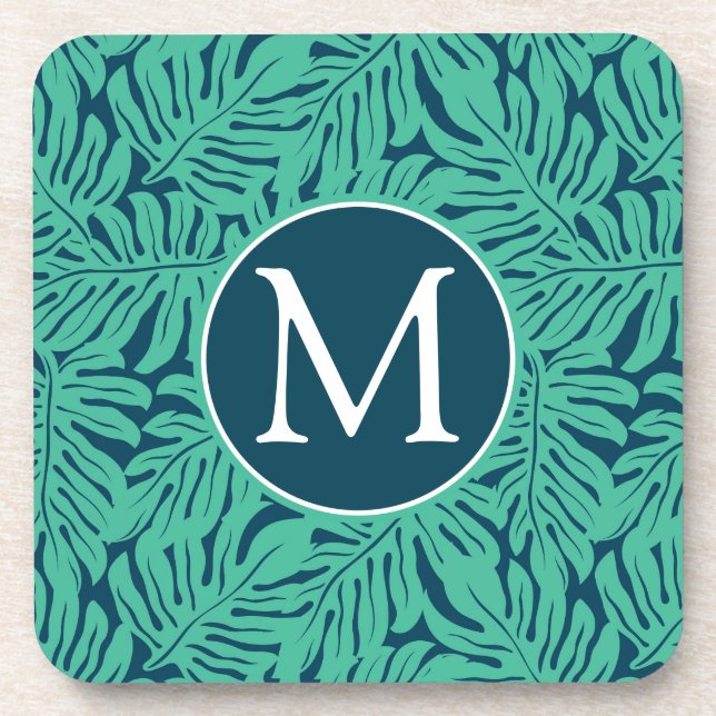 Monstera tropisches Monogramm des Blatt-Muster-| Untersetzer (Vorderseite)