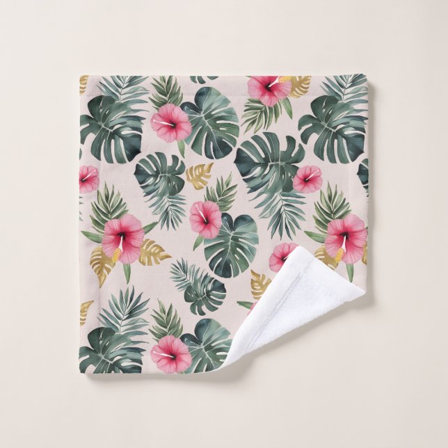 Monstera und Hibiskus Pattern Badhandtuch Set (Waschlappen)